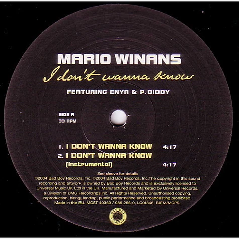 Mario Winans - I Don't Wanna Know / Pretty Girl Bullsh*t