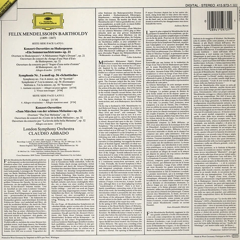 Felix Mendelssohn Bartholdy / London Symphony Orchestra / Claudio Abbado - Symphonie No.3 / Ein Sommernachtstraum & Die schöne Melusine