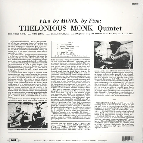 Thelonious Monk - 5 By 5 By Monk 180g Vinyl Edition