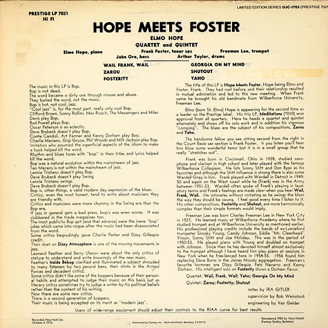 Elmo Hope Quartet And Elmo Hope Quintet - Hope Meets Foster