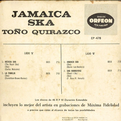 Tono Quirazco Y Su Hawaiiana - Merida Ska / La Familia / Jamaica Ska / Ska Hawaiiano