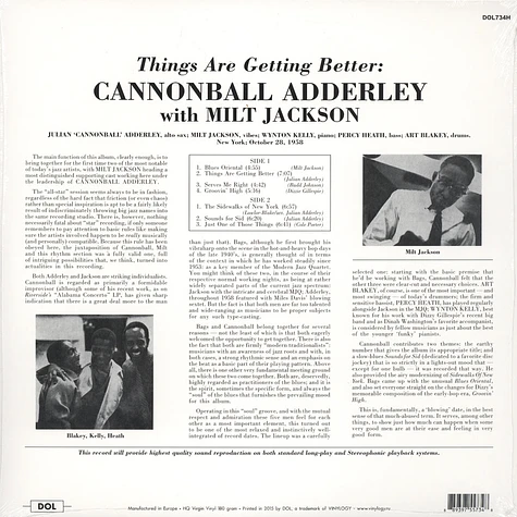 Cannonball Adderley & Milt Jackson - Things Are Getting Better 180g Vinyl Edition