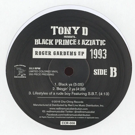 Tony D presents Black Prince & Aziatic - Roger Gardens EP Purple Vinyl Edition