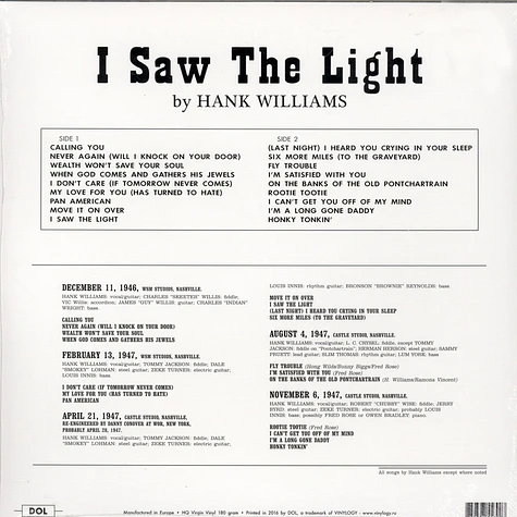 Hank Williams - I Saw The Light 180g Vinyl Edition