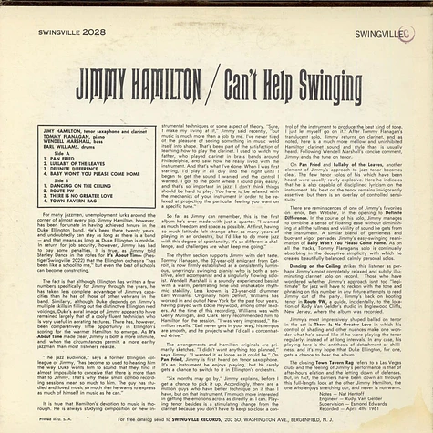 Jimmy Hamilton - Can't Help Swinging