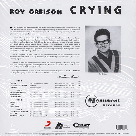 Roy Orbison - Crying 45RPM, 200g Vinyl Edition