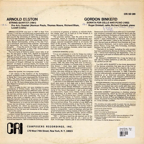 Arnold Elston / Gordon Binkerd - String Quartet / Sonata For Cello And Piano