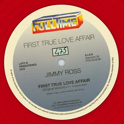 Jimmy Ross - First True Love Affair Larry Levan Remix 2018 Remastered Transparent Red Vinyl Edition