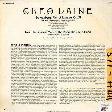 Cleo Laine - Arnold Schoenberg / Charles Ives - The Nash Ensemble / Elgar Howarth, Tony Hymas - Pierrot Lunaire (In English) / The Greatest Man / At The River / The Circus Band