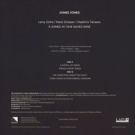 Jones Jones & Larry Ochs / Mark Dresser / Vladimir Tarasov - A Jones In Time Saves Nine