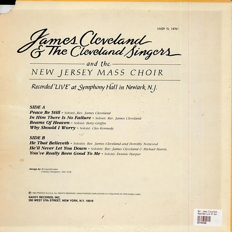 Rev. James Cleveland & The Cleveland Singers And The New Jersey Mass Choir - Recorded Live At Symphony Hall In Newark, N.J.