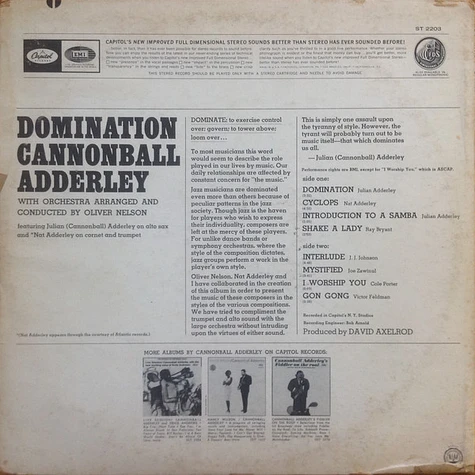 Cannonball Adderley With Orchestra Arranged And Conducted By Oliver Nelson - Domination