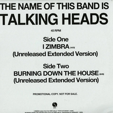 Talking Heads - I Zimbra / Burning Down The House