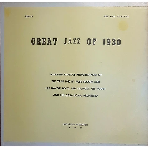 Rube Bloom And His Bayou Boys, Red Nichols, Gil Rodin And Casa Loma Orchestra - Great Jazz of 1930
