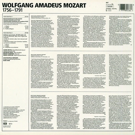 Wolfgang Amadeus Mozart - Sabine Meyer, Diethelm Jonas, Sergio Azzolini, Bruno Schneider, Staatskapelle Dresden, Hans Vonk - Klarinettenkonzert K. 622 / Sinfonia Concertante K. 257b