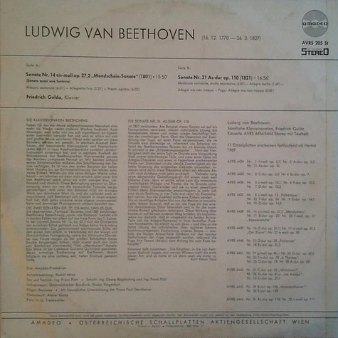 Ludwig van Beethoven - Friedrich Gulda - Sonate Nr. 14 Cis-Moll Op. 27, 2 („Mondschein-Sonate”) / Sonate Nr. 31 As-Dur Op. 110