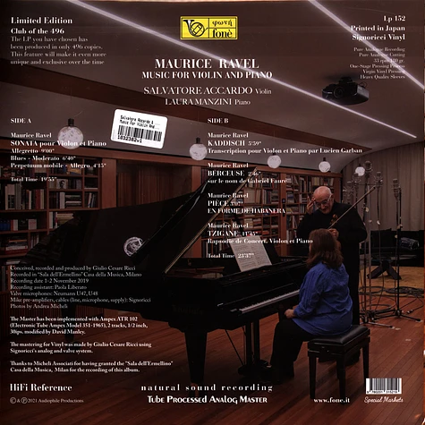 Salvatore Accardo & Laura Manzini - Music For Violin And Piano Transparent Vinyl Editionent Vinyl Edition