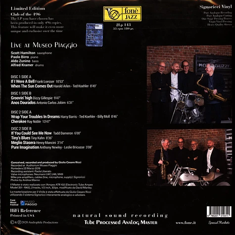 Scott Hamilton / Paolo Birro / Aldo Zunino, - Live At Museo Piaggio Super Audiophile Vinyl Edition