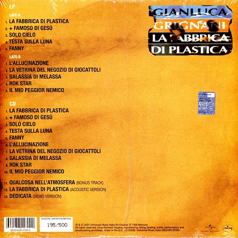 Gianluca Grignani - La Fabbrica Di Plastica Colored Vinyl Edition