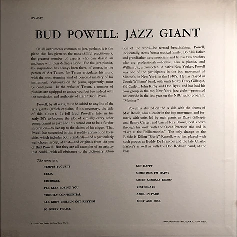 Bud Powell - Jazz Giant, 1980 Verve MV 4012 Japan Vinyl + OBI Bud Powell - Jazz Giant, 1980 Verve MV 4012 Japan Vinyl + OBI