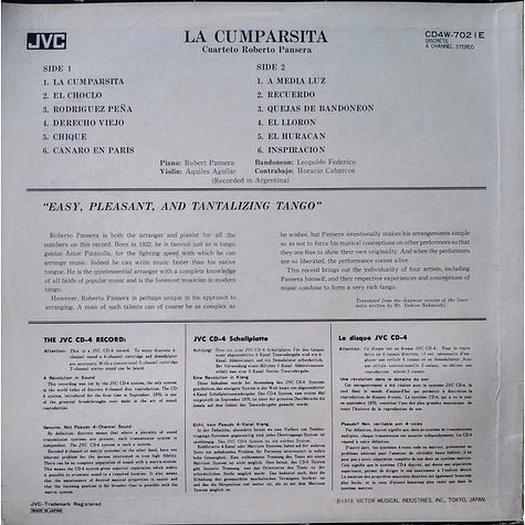 Roberto Pansera With Leopoldo Federico, Aquiles Aguilar, Horacio Cabarcos - La Cumparsita