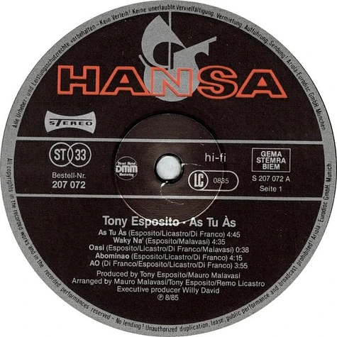 Tony Esposito - As Tu Às