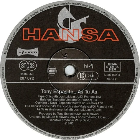 Tony Esposito - As Tu Às