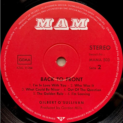 Gilbert O'Sullivan - Back To Front