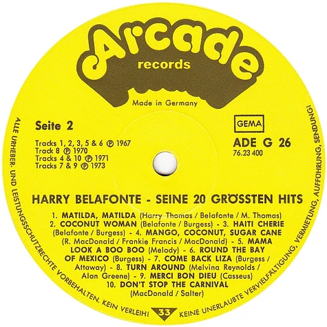 Harry Belafonte - Seine 20 Grössten Hits