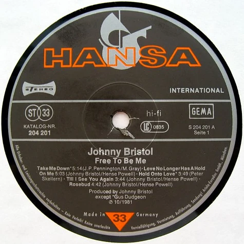 Johnny Bristol - Free To Be Me