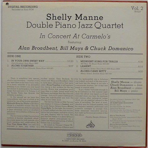 Shelly Manne - Double Piano Jazz Quartet In Concert At Carmelo's (Vol.2)