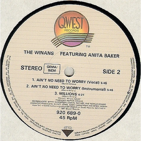 The Winans Featuring Anita Baker - Ain't No Need To Worry / Millions