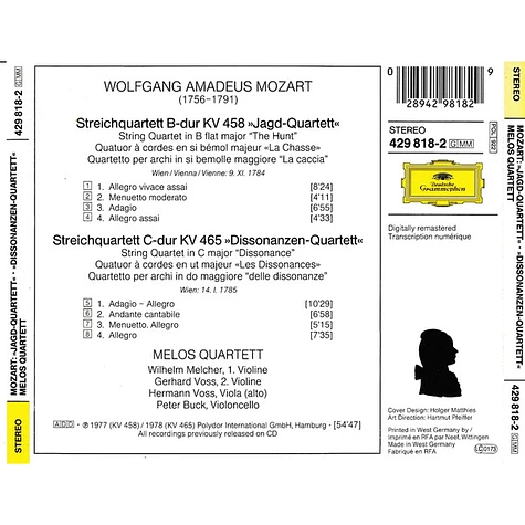 Wolfgang Amadeus Mozart, Melos Quartett - »Jagd-Quartett« • »Dissonanzen-Quartett«