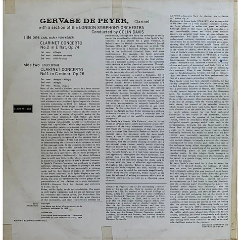 Carl Maria von Weber / Louis Spohr, Gervase de Peyer, London Symphony Orchestra, Sir Colin Davis - Clarinet And Orchestra Two Romantic Concertos