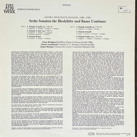 Frans Brüggen, Georg Friedrich Händel - Blockflöten-Sonaten = Sonatas For Recorder