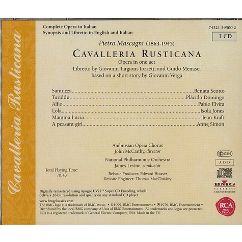 Pietro Mascagni: Renata Scotto, Placido Domingo, Pablo Elvira, National Philharmonic Orchestra, James Levine - Cavalleria Rusticana