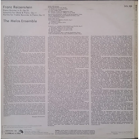 Franz Reizenstein - Melos Ensemble Of London - Piano Quintet In D / Sonatina For Oboe & Piano, Op.11 / Partita For Treble Recorder & Piano, Op.13