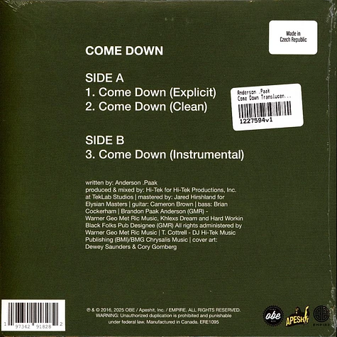 Anderson .Paak - Come Down Translucent Sea Blue Record Store Day