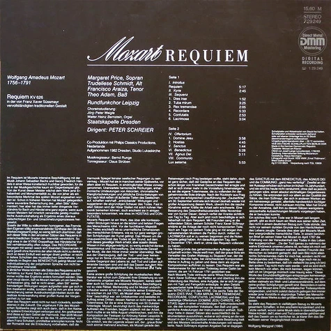 Wolfgang Amadeus Mozart, Margaret Price, Trudeliese Schmidt, Francisco Araiza, Theo Adam, Rundfunkchor Leipzig, Staatskapelle Dresden, Peter Schreier - Requiem