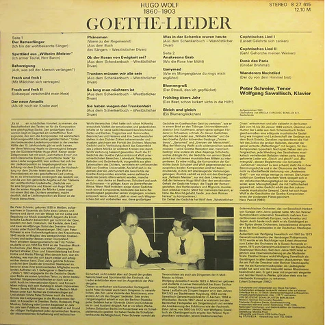 Hugo Wolf, Peter Schreier, Wolfgang Sawallisch - GoetheLabel sleeve.ieder