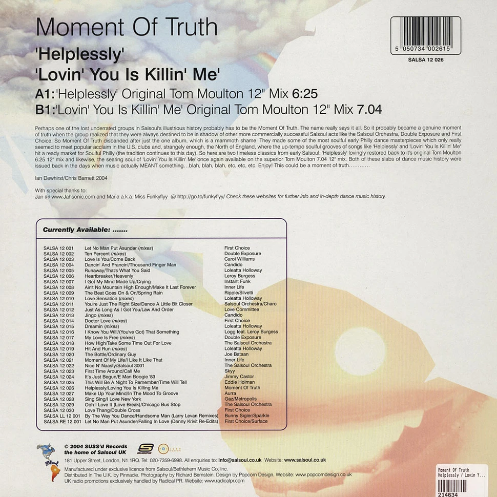 Moment Of Truth - Helplessly / Lovin You Is Killin Me Tom Moulton Mixes
