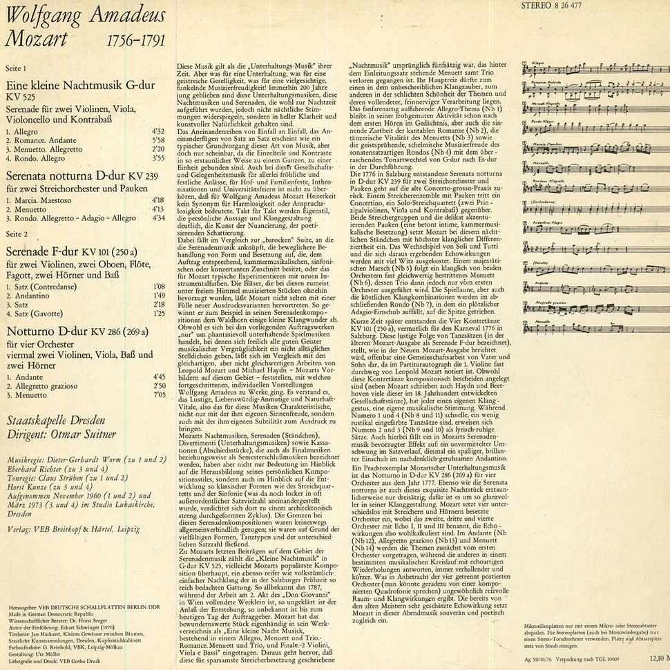W.A. Mozart / Staatskapelle Dresden / Otmar Suitner - Eine kleine Nachtmusik KV 525 / Serenata Notturna KV 239 / Serenade KV 101 / Notturno KV 286