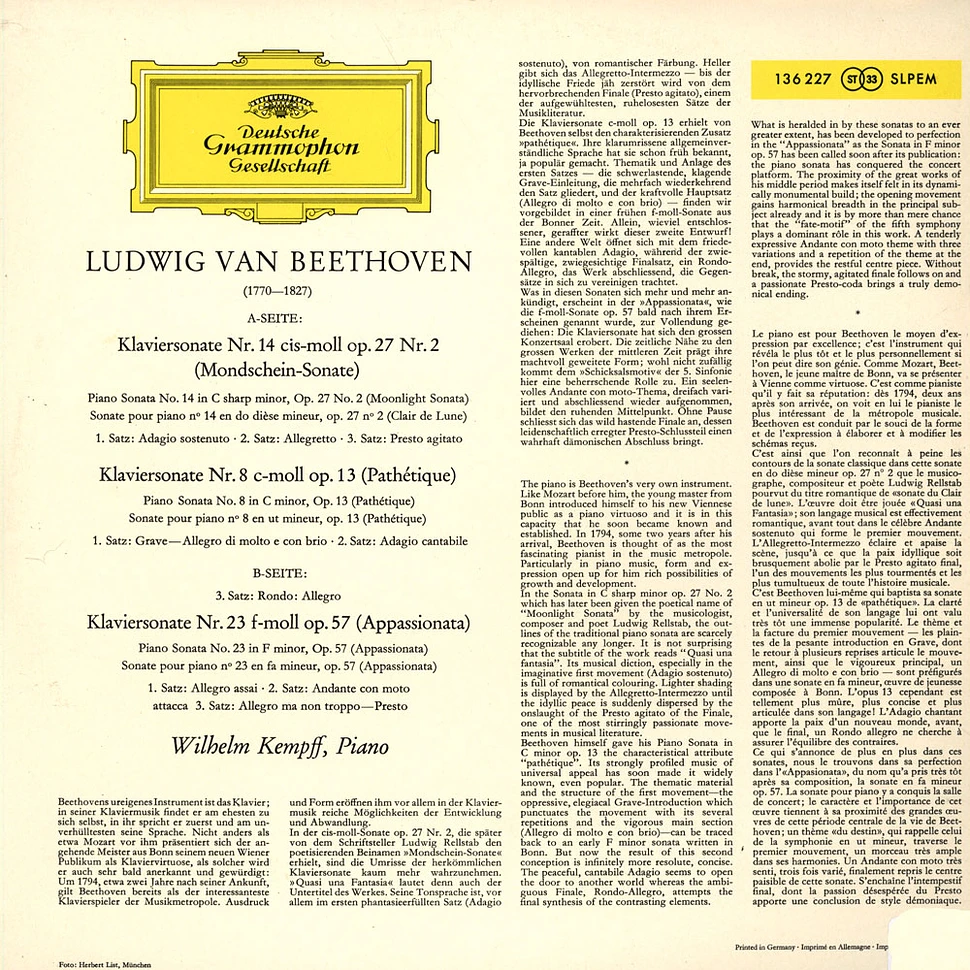 Ludwig van Beethoven / Wilhelm Kempff - Piano Sonata Nr.8 / Nr.14 (Mondscheinsonate)/ Nr.23