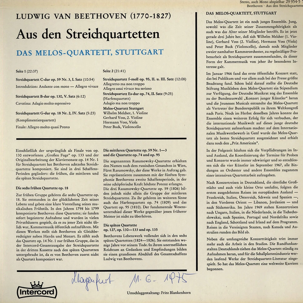 Beethoven / Melos-Quartett - Aus den Streichquartetten