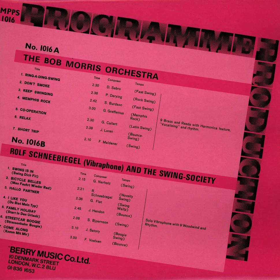 The Bob Morris Orchestra / Rold Schneebiegel And The Swing Society - Programme Production Number 16