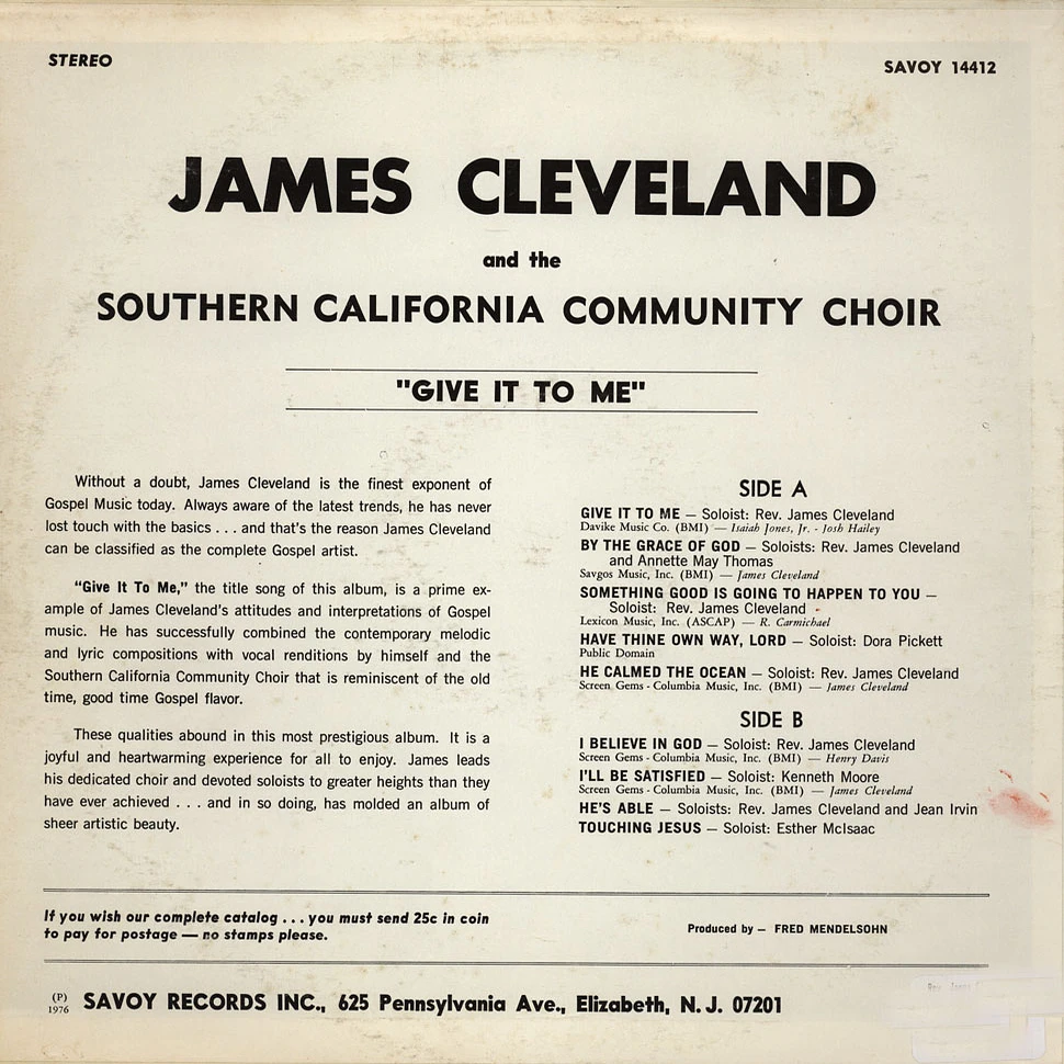 Rev. James Cleveland And The Southern California Community Choir - Give It To Me