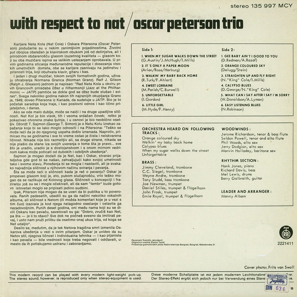 Oscar Peterson / The Oscar Peterson Trio - With Respect To Nat - Oscar Peterson Sings And Plays Nat King Cole
