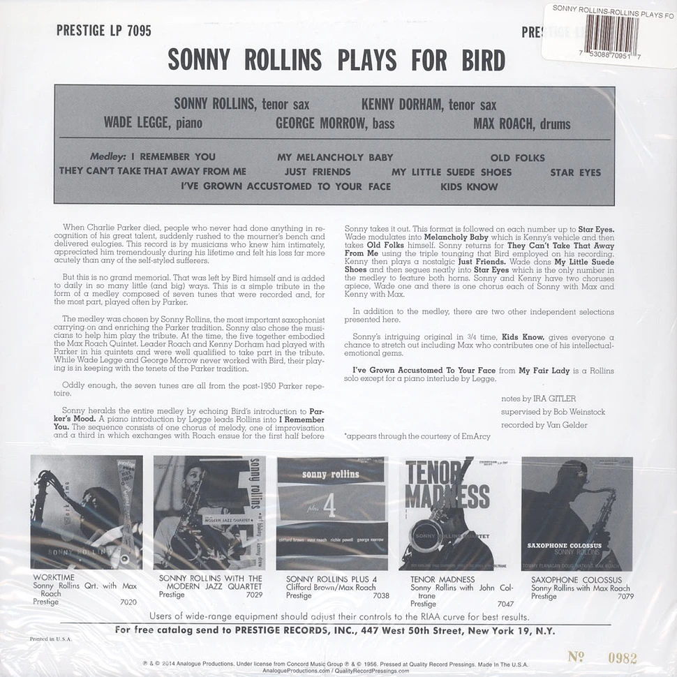 Sonny Rollins - Rollins Plays For Bird 200g Vinyl Edition