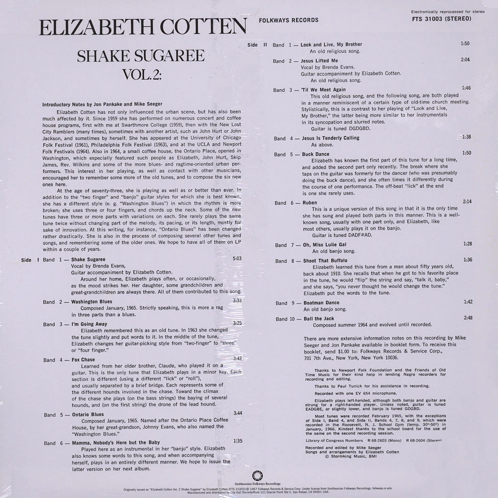 Elizabeth Cotten - Volume 2: Shake Sugaree Black Vinyl Edition