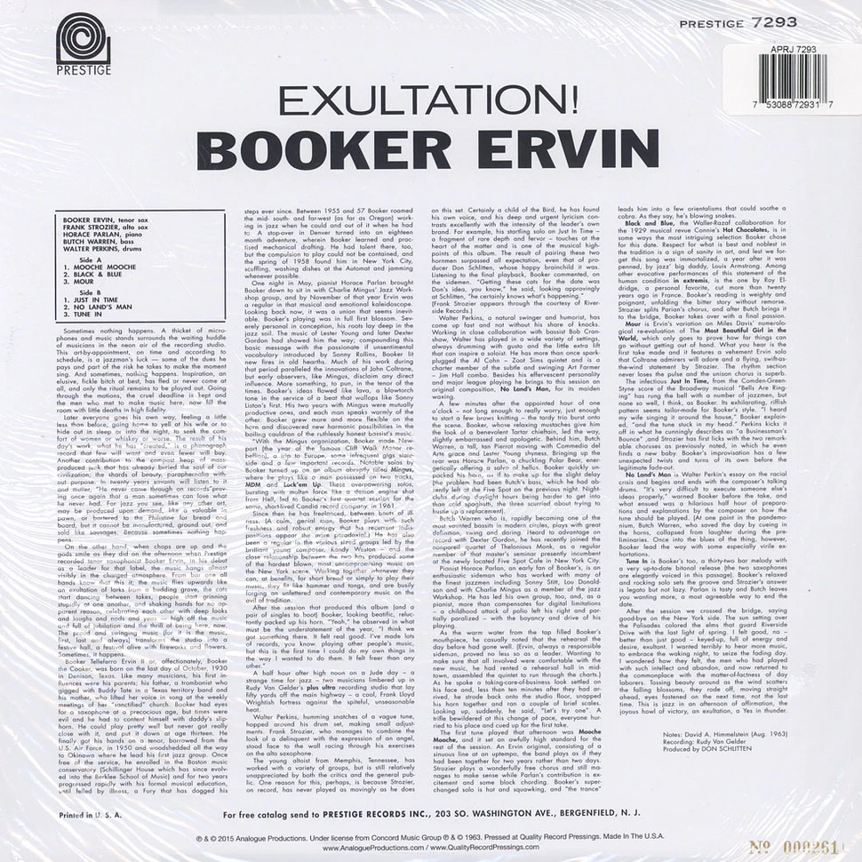 Booker Ervin - Exultation! 200g Vinyl Edition